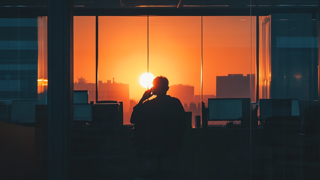 worried business person taking a late night call in the office