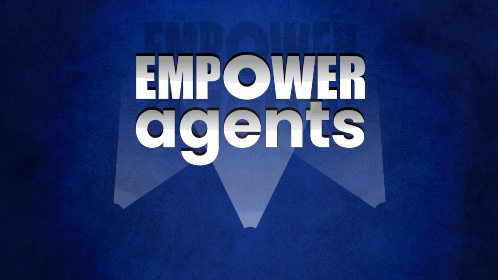 The words 'Empower agents' lit up by three spotlights