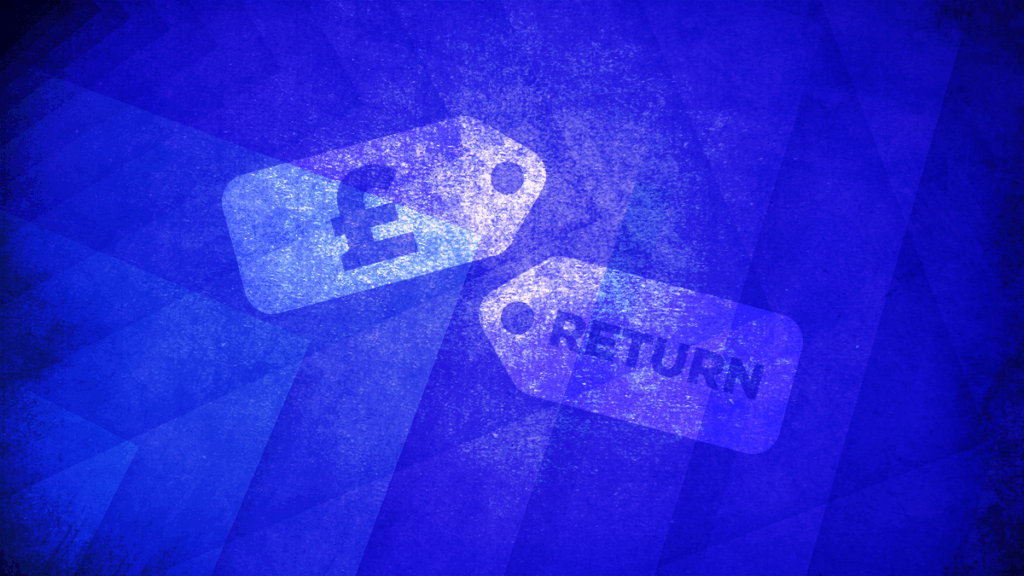 Two labels, one has a currency symbol for the UK pound and the other has the word 'RETURN'.