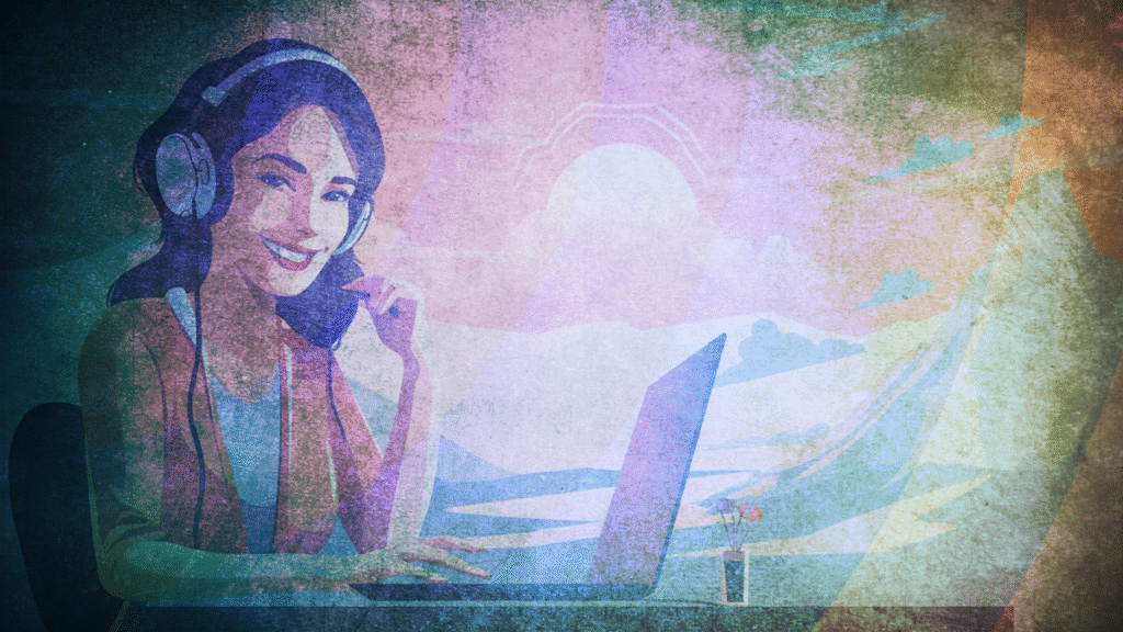 A woman with a headset on a laptop