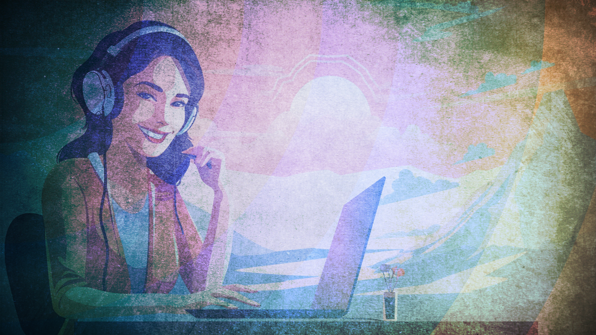A woman with a headset on a laptop