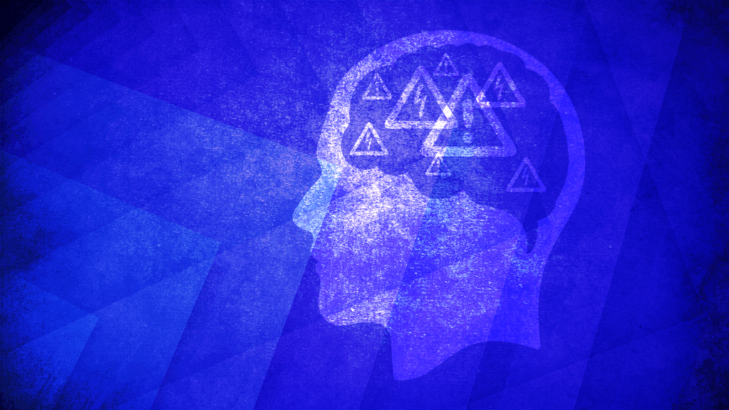 An illustration of a brain inside a head, the brain is full of warning signs.