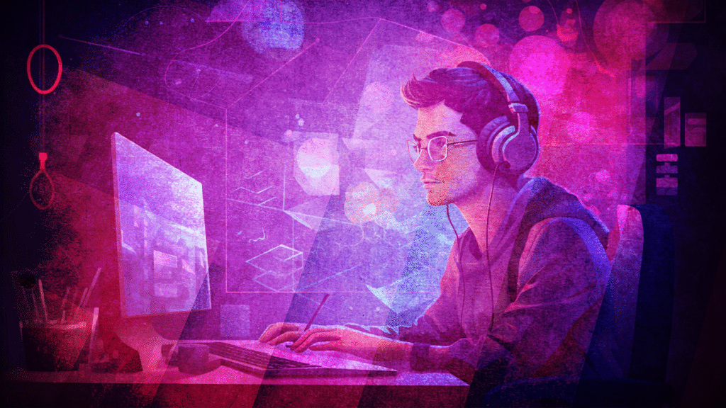 An illustration of a man working at a computer whilst wearing a headset.