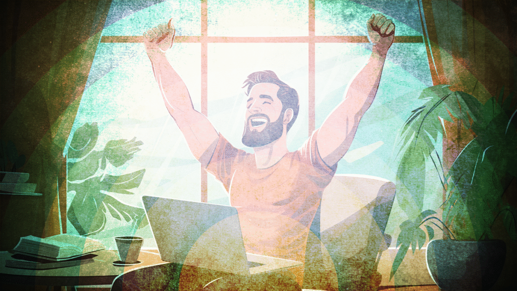 An illustration of a man working on a laptop thrusting his hands above his head in joy.