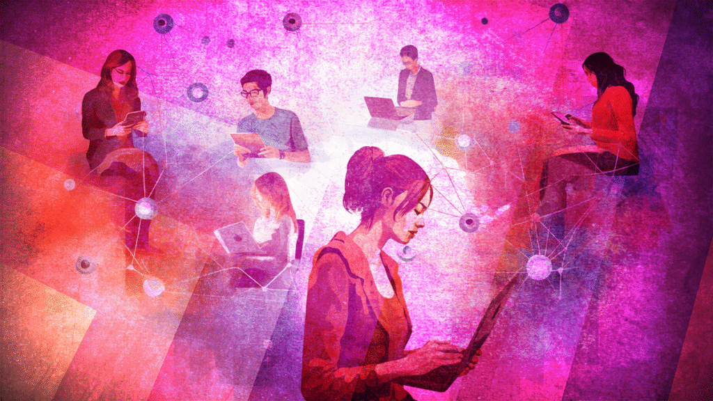 An illustration of people working on laptops and handheld devices